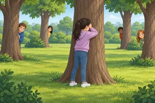 In the park a girl covers her eyes against a tree and counts. Four children hide behind other trees and peek out.