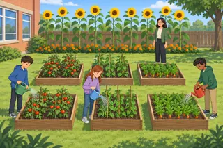A school garden with six wooden boxes of tomatoes, beans and carrots. Sunflowers taller than the teacher grow along the fence above orange marigolds, and three students water the plants.