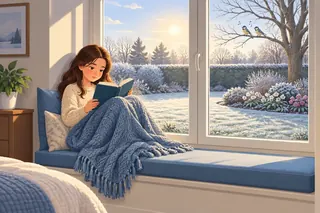 A girl reads on a window seat with a blue cushion and a warm blanket. Through the window is a frosty garden with flowers and two birds singing on a branch.