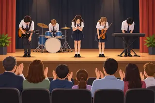 At the school concert five students bow on stage after their last song, and the audience claps.