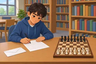 In the school library, a student writes a letter by hand next to an envelope. A chessboard with the pieces set up is on the table.