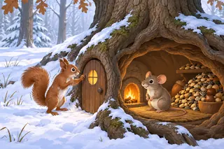 Snow covers the forest floor. A shivering squirrel knocks on a little door under the roots of an oak tree, while inside the mouse sits by a warm fire next to a big pile of seeds.