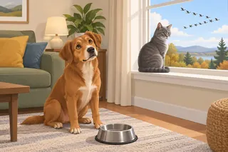 A dog sits by his empty bowl and looks up hopefully. A grey cat sits on the windowsill, and a flock of birds flies past outside.