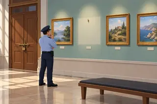 In a museum a guard looks at an empty space on the wall where a painting is missing. The big door is locked with a padlock.