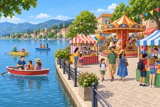 A sunny summer day in a town by a lake. People row boats on the water, and a small summer fair with stalls and a carousel fills the square beside the lake.