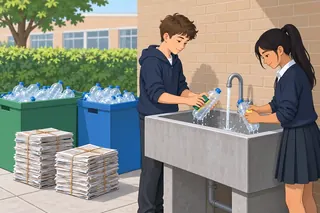 Two students wash plastic bottles in cold water at an outdoor sink. Boxes of collected bottles and tied stacks of old paper stand nearby.