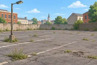 An old empty car park with cracked grey ground, faded lines, weeds and one old lamp post.