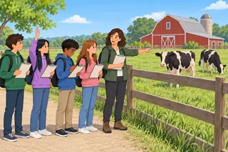 On a class trip to a farm, students with clipboards stand by a fence and watch the cows while their teacher points and explains. A red barn stands behind them.