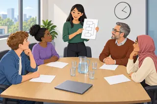 In a small meeting room, Mia stands and holds up a short quick guide. Each of the four seated colleagues has one sheet of paper in front of them.