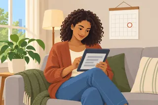 A smiling young woman on a sofa reads a job offer on a tablet; on the wall behind her, a calendar has one day circled in red.