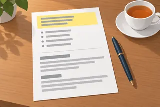 A printed one-page CV on a wooden desk, with the top section highlighted in yellow and four bullet points below it, next to a pen and a cup of tea.