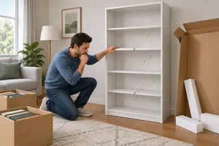 A man kneels by a new white bookcase with five shelves. Two shelves are cracked and the back panel is badly scratched.