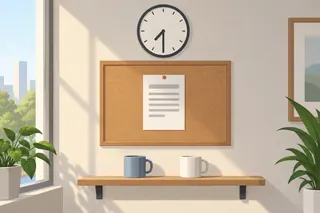 An office noticeboard with a printed memo pinned in the middle, a wall clock above it showing half past seven and two coffee mugs on a shelf below.