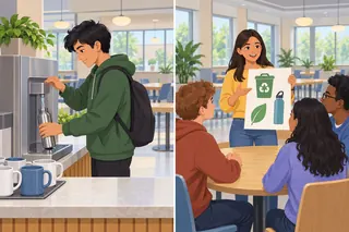 A picture in two halves in a canteen: on the left a student fills a reusable bottle beside washable cups, and on the right a student shows a picture poster about waste.