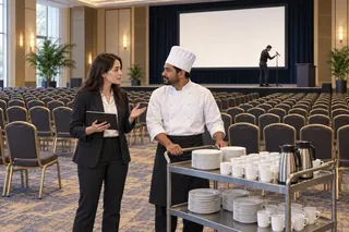 In a hotel conference hall full of chairs, an events organiser with a tablet talks to a chef with a trolley of cups and plates; a technician sets up a microphone.