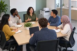 Six colleagues sit around a meeting-room table; a woman at the head speaks, one man types on a laptop, and a printer with paper stands in the corner.