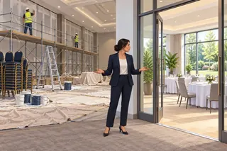 A conference centre's main hall is under renovation with scaffolding, workers and dust sheets; through open glass doors a garden room is laid with dinner tables.
