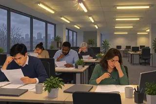 An open-plan office on a grey afternoon under old, dim ceiling tubes; one tube flickers, staff squint at papers, and lights stay on over empty desks.