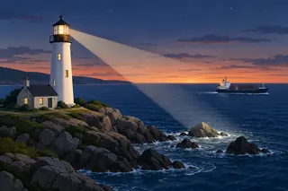 At dusk, a white lighthouse on a rocky point shines a beam of light over the sea. A small cargo ship passes far from the rocks near the shore, and a stone keeper's cottage stands below.