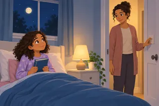 In a bedroom at night, a child in pyjamas sits in bed holding a book while a parent stands calmly at the door. A lamp glows on the bedside table and the moon shines through the window.