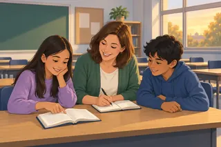 After school a smiling teacher helps two pupils with hard words. A book lies open on the desk, and the teacher writes in her own notebook.