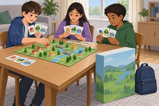 Three friends play a board game about building a town. Their cards have bright pictures, and the game box on the floor is much bigger than the school bag next to it.