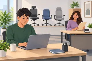 In a small office with sample chairs, a man types a message on his laptop while a colleague sits at another desk holding a folder.