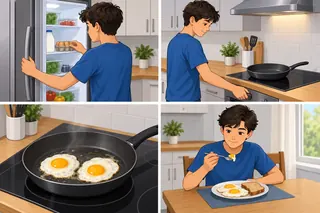Four pictures show how a boy makes breakfast: he takes the eggs from the fridge, warms the empty pan, cooks two eggs, and eats them with bread at the table.