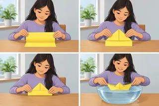 Four pictures show how to make a paper boat: fold the paper in half, fold the top corners down, fold the bottom edges up, and put the boat in a bowl of water.