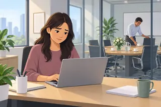 A woman writes an email at her desk. Behind the glass wall, a colleague gets the meeting room ready for a client visit with cups and water.