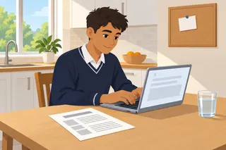 A teenager types an email on a laptop at the kitchen table, with a printed one-page CV beside him and a blank card pinned to the board behind.
