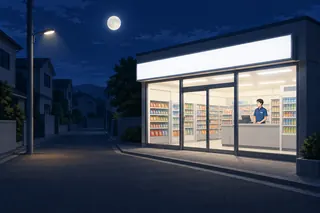 A small convenience store with bright white lights on a quiet street at night; one worker stands at the counter, there are no customers, and a full moon shines above.