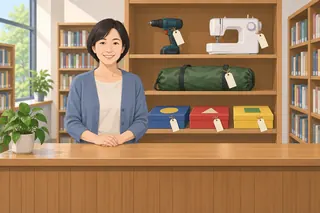 A librarian stands at a counter; on the shelf behind are a drill, a sewing machine, a rolled-up green tent and three board games, each with a small blank paper label.