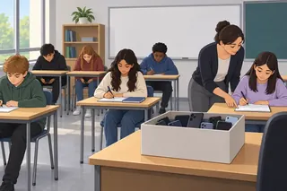 In a quiet classroom the students' phones are in a box on the teacher's desk. Most students work, but two students at the back secretly look at phones under their desks.