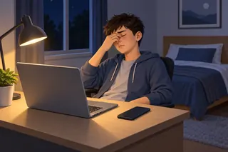 In the evening a boy sits at his desk in front of his laptop, with his phone next to it. He rubs his tired eyes.