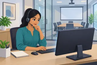 A customer service worker wearing a headset reads an email at her desk. Behind a glass wall is an empty meeting room with a projector and a blank screen.