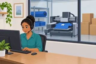 A customer service worker with a headset types a reply at her desk, while behind the glass a machine prints blue T-shirts next to closed boxes.