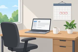 An office desk with a laptop open on an email, a mug and a small plant; on the wall, a calendar has three days next to each other circled in red.
