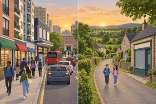 Left: a busy city street with flats, shops, a cinema, a school, a red bus and traffic. Right: a quiet village lane with cottages, fields and two children walking safely.